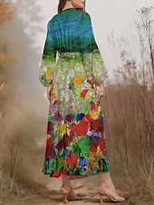 abordables Robe Fleurie-Femmes Robe Midi Robe Décontractée Mousseline de Soie Robe évasée Moderne Vacances Quotidien Week-end Coupe régulière Fleuri manche longue Col en V Bleu Roi Bleu Vert Bleu de minuit Été Printemps