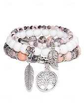 economico Bracciale da donna-Set di bracciali da donna in stile boho con perline turchesi, con ciondolo a forma di albero della vita e piuma, elastico, perline in pietra naturale, adatti per abbigliamento casual, feste e regali.