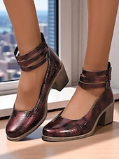 baratos Block Heels-Sapatos femininos verdes de couro sintético com estampa de crocodilo e tira no tornozelo, salto grosso - sapatos Mary Jane retrô confortáveis para caminhar, para o escritório, roupas do dia a dia e