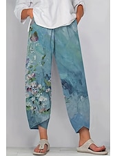 baratos Calças de perna reta-Mulheres Calças Férias Vintage Estilo Étnico Mimolet Cintura Alta Floral Gráfico Geométrico Cintura elástica Confortável Respirabilidade Macio Sem Elasticidade Formal Ao ar livre Férias Azul Marinho