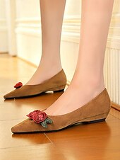 abordables Sandalias planas de mujer-Bailarinas de ante burdeos para mujer: diseño de rosas bordadas con flores, elegantes zapatos sin cordones con punta puntiaguda para salidas informales, fiestas en el jardín y citas románticas.