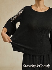 ieftine Topuri imbracate-Pentru femei Topuri imbracate Elegant Zilnic femei Lungime Manșon 3/4 Cu Mâneci Largi Bateau Topuri obișnuite Invitat la nunta Muncă Zilnic Bufantă Strălucire Capsă Negru Primăvară Toamnă Iarnă
