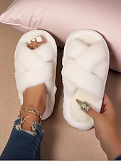 ieftine Flip-Flops de Damă-Papuci pufoși încrucișați pentru femei cu vârful deschis – sandale confortabile din blană artificială pentru interior, pentru iarnă, relaxare și dormitor