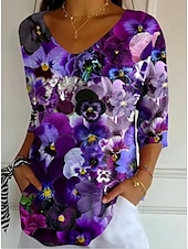 voordelige Bloemen tops-Dames Blouse Bloemig Grafisch Vintage Stijlvol Klassiek 3/4 mouw V-hals Normale tops Dagelijks Zwart en Wit Paars paars Zomer Lente Herfst