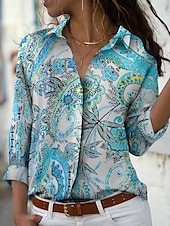 billige Kvinne Boho Topper-Dame Skjorte Nyanse Grafisk Paisly Årgang Daglig Stilfull Langermet Skjortekrage Vanlige topper Arbeid Daglig Ferie Knapper Trykt mønster Blå Lilla Sommer Vår Høst