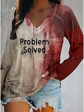 Halloween Women's T Shirt Bloodstain V Neck Long Sleeve Graphic Casual Vintage Stylish Western Regular Tops Daily Weekend Vacation Wear Print Wine Light Brown Spring Fall Witch4