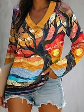 cheap Art&amp;Design tee-Women&#039;s T Shirt Ombre Graphic Plants Elegant Casual Long Sleeve V Neck Regular Tops Daily Going out Weekend Print Blue Orange Green Summer Spring Fall