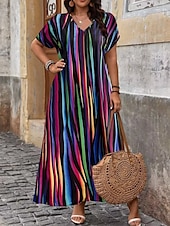 abordables Robes Rayés et Géométriques-Femmes Robe maxi Robe trapèze Occasionnel Extérieur Plage Coupe Ample Rayure Manche Courte Col en V Rose Claire Rouge Bleu Violet Été Printemps