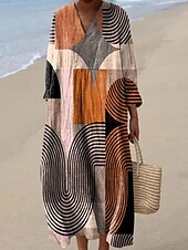 economico Abiti a Strisce e Geometrici-Per donna Abito Midi Vestito Estivo Abito a trapezio Vacanza Casual Boho Uscire Spiaggia Grafico Geometrico Manica Lunga Scollo a V Giallo scuro Rosso Marrone chiaro Blu Estate Primavera Autunno