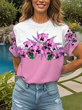 abordables T-shirt floral-Femmes T-shirt Fleuri Graphique ancien Élégant Classique Manche Courte Col ras du cou Col rond Hauts Réguliers Quotidien Sortir Week-end Imprimé Noir et blanc Jaune Rose Claire Bleu Violet Ét