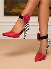 Χαμηλού Κόστους Ρετρό στυλ της δεκαετίας του 1950-Γυναικείες ριγέ γόβες στιλέτο εμπνευσμένες από τη δεκαετία του 1950 με λουράκι στον αστράγαλο με κόκκινο τριαντάφυλλο – ρετρό γόβες με μυτερή μύτη για πάρτι, παραστάσεις και βραδινά ραντεβού