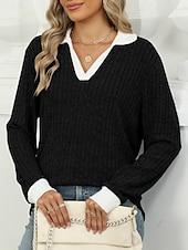 voordelige Dames eenvoudige tops-Dames Overhemd Effen Kleur Stijlvol Casual Lange mouw V-hals Normale tops Dagelijks Lapwerk Zwart Rood blauw Fuchsia Lente Herfst