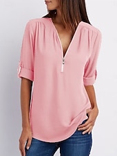 abordables Hauts Unis pour Femmes-Femmes Chemisier Uni Quotidien Demi Manches Col en V Hauts Réguliers Quotidien Fermeture éclair Noir Rose Claire Marron Vert Été Printemps Automne
