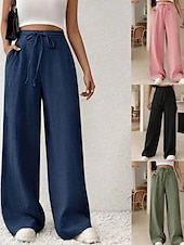 abordables jambe large et taille haute-Femmes Jambe large Slacks Streetwear Occasionnel Longueur complète Naturel Uni Avec Poches Conception à cordon élastique Confortable Rue Tenue quotidienne Week-end Noir Rose Vert Véronèse Bleu Automne