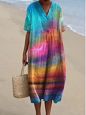 cheap Art&amp;Design Dress-Women&#039;s Midi Dress Sundress A Line Dress Vacation Casual Beach Party Going out Beach Loose Fit Ombre Graphic Short Sleeve V Neck Pink Summer Spring