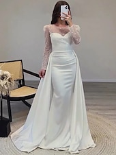 economico Champagne-Abito da sera sirena in paillettes abito in satin champagne arricciato maniche lunghe masquerade lunghezza fino al pavimento scollo illusion con perle gonna sovrapposta