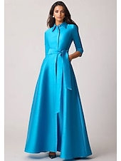 economico Vestiti da sera-Abito da sera a trapezio abito elegante matrimonio formale da ospite lunghezza a terra manica a metà collo a revers tasca chiffon satin con fiocco/i tasca a spalline