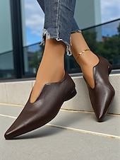 abordables Chaussures sans lacet et mocassins femme-ballerines à bout pointu en similicuir marron pour femmes – mocassins minimalistes à enfiler en V, tenues de bureau élégantes et décontractées au quotidien