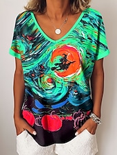 billige Kunst &amp; Design t-skjorte-Halloween Dame T skjorte Grafisk Abstrakt Årgang Fritid Kortermet V-hals Vanlige topper Daglig Helg Ferieklær Trykt mønster Blå Oransje Grønn Sommer Høst