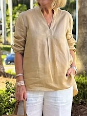 billige Kvinne Enkle Topper-Dame Bluse Helfarge Elegant Fritid Langermet V-hals Vanlige topper Daglig Ferie Knapper Hvit Rosa Blå Kakifarget Vår Høst