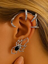economico Accessori di Halloween-Orecchini a polsino con ragno di Halloween da donna – design avvolgente in lega punk gotico con dettagli in gemme nere, bigiotteria di tendenza per feste, cosplay e serate spettrali