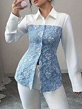 economico Top Floreali-Per donna Camicia Blusa Fiore Elegante Moderno Manica Lunga Colletto a Camicia Top Regolari Ferie Uscire Patchwork Stampato Azzurro cielo Autunno