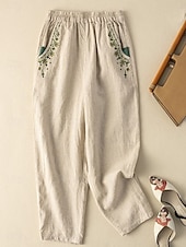 abordables Pantalón liso de lino y algodón-Mujer Pantalones de lino y algodón Chinos Moda Básico Longitud total Alta cintura Floral Bordado Comodidad Al Aire Libre Microelástico Vacaciones Calle Diario Blanco Amarillo Albaricoque Café Verano