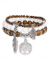 economico Bracciale da donna-Set di bracciali da donna in stile boho con perline turchesi, con ciondolo a forma di albero della vita e piuma, elastico, perline in pietra naturale, adatti per abbigliamento casual, feste e regali.
