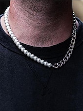 tanie Biżuteria męska-męski zestaw biżuterii z pereł i łańcuszków – modny naszyjnik i bransoletka z pół perły, pół metalu na styl uliczny, hip-hopowy i imprezowy