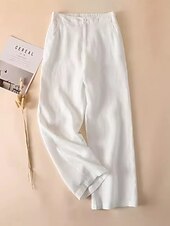 Dámské chino kalhoty s širokými nohavicemi z bavlny a lnu, etnický styl, základní, ležérní, plná délka, střední pas, bez kapes, pohodlné, outdoor, neelastické, ležérní, denní, černá, bílá, zelená, khaki, léto, jaro, regular fit levne Hladké bavlněné plátěné kalhoty-Dámské chino kalhoty s širokými nohavicemi z bavlny a lnu, etnický styl, základní, ležérní, plná délka, střední pas, bez kapes, pohodlné, outdoor, neelastické, ležérní, denní, černá, bílá, zelená, khaki, léto, jaro, regular fit