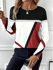 billige Stripe og geometrisk t-skjorte-Påske Dame T skjorte Grafisk Ruter Årgang Stilfull Klassisk Langermet Crew-hals Rund hals Vanlige topper Daglig Trykt mønster Rød Sommer Vår Høst