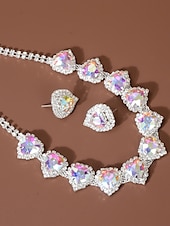 baratos Colar Feminino-Conjunto de colar e brincos de cristal com coração vermelho para mulheres - joias elegantes banhadas a prata para casamentos, festas e eventos formais