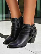 abordables Cowboy et bottes occidentales-Bottines en similicuir noir pour femme avec bride tressée à pompon - Bottines à talons épais de style western confortables pour les tenues d&#039;automne, les looks bohèmes et les tenues de tous les jours