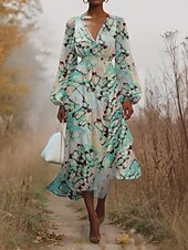 voordelige Bloemenjurk-Dames Halflange jurk Casual jurk Chiffon Swingjurk Modern Vakantie Dagelijks Weekend Normale pasvorm Bloemig Vlinder Lange mouw V-hals Blozend Roze Donkergroen Groen Zomer Lente Herfst