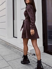 cheap Plain Dress-Women&#039;s Mini Dress Shirt Dress Casual Dress Fashion Modern Daily Beach Weekend Regular Fit Plain Long Sleeve Shirt Collar Red Brown Spring Fall