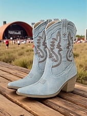 olcso Cowboy és nyugati csizma-női farmer western cowboy csizma - vintage középvájjal érő hegyes orrú, hímzett, blokk sarkú bokacsizma, klasszikus amerikai cowgirl stílus country zenei fesztiválokra és rodeó partikra