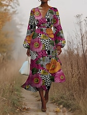 preiswerte Blumenkleid-Damen Midikleid Freizeitkleid Chiffon Schwingkleid Modern Urlaub Täglich Wochenende Normale Passform Blumen Leopard Langarm V Ausschnitt Weiß Rosa Fuchsie Sommer Frühling Herbst