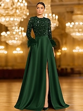 levne Šaty na večer ve tvaru A-Šaty ve tvaru A večerní gown flitrové Elegantní šaty formální svatební maxi délka dlouhý rukáv kulatý výstřih kapsa satén s péřovými kapsami