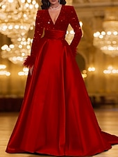 preiswerte SCHWARZ-Schwarz Tie A-Linie Abendkleid Elegantes Kleid Karneval Festlich Bodenlang Langarm V-Ausschnitt Tasche Satin mit Feder Pailletten