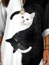 billige Dyr Topp-Kvinnes Bluse Tunika V-hals Lange Ermer Boho Casual Sommer Topper Grafisk Dyr Katt Vintage Tropisk Vanlige Topper Daglig Bruk Print Svart Og Hvit Gul Rosa Rød Blå