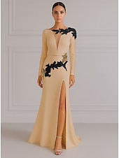 preiswerte SCHWARZ-Schwarzes und goldenes A-Linien-Abendkleid, elegantes Kleid, formelles Smokingkleid, Hochzeitskleid, Schleppe, Langarm, V-Ausschnitt, Stretch-Krepp mit Paillettenstickerei 2025