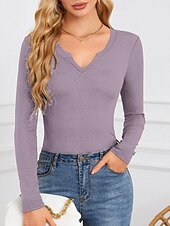 tanie gładka koszulka-Damskie Bluzka Jednokolorowe Elegancki Codzienny Długi rękaw W serek Zwykłe topy Codzienny Biały Czerwony Fioletowy Morelowy Lato Wiosna Jesień