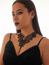 economico Collana da donna-Collana girocollo in pizzo gotico da donna - stile vittoriano vintage nero con pietre preziose rosse e dettagli in perline, elegante gioiello per feste gotiche ed eventi cosplay