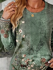 cheap Floral tee-Women's T shirt Long Sleeve Crew Neck Long Sleeve Tunic Ombre Floral Graphic Vintage Stylish Classic Round Neck Regular Tops Daily Print Sage Green Fall Prefall