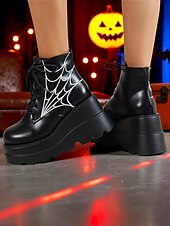 cheap Platform Boots-Women&#039;s Black Platform Boots with Spider Web Design - Chunky Lace-Up Ankle Boots for Halloween,  Cosplay, and Masquerade Balls, Punk and Gothic Style, Comfortable for All-Day Wear