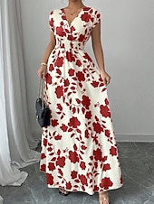 tanie Sukienki kwiatowe-Damskie Sukienka maxi Sukienka A line Urlop Codzienny Boho Na zewnątrz Wyjściowe Luźny / a Kwiaty Krótki rękaw W serek Czarny Czerwony Niebieski Pomarańczowy Lato