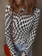 preiswerte Damen Streifen- und geometrische Oberteile-Damen Bluse Karomuster Stilvoll Lässig Langarm Rundhalsausschnitt Normale Oberteile Täglich Druck Schwarz Rosa Aprikose Sommer Frühling Herbst
