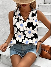 billige Blomstrete tanktop-Dame Camisole Tank Top Blomstret Grafisk Geometrisk Elegant Årgang Tropisk Ermeløs V-hals Vanlige topper Daglig Trykt mønster Svart Oransje Grønn Beige Sommer Vår