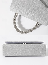 abordables Bolsos de mano y de noche-Bolso de mano para mujer con purpurina plateada y asa de diamantes de imitación: elegante bolso de noche para fiestas, bodas y cócteles.