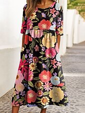 preiswerte Blumenkleid-Damen Midikleid Freizeitkleid A Linie Kleid Sommerkleid Urlaub Lässig Ferien Normale Passform Blumen Grafik Geometrisch Halbarm Rundhalsausschnitt Schwarz Gelb Blau Purpur Sommer Frühling